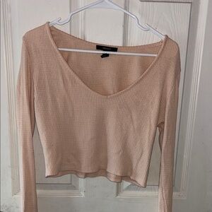Ribbed V-Neck Long Sleeve Top - Cream
